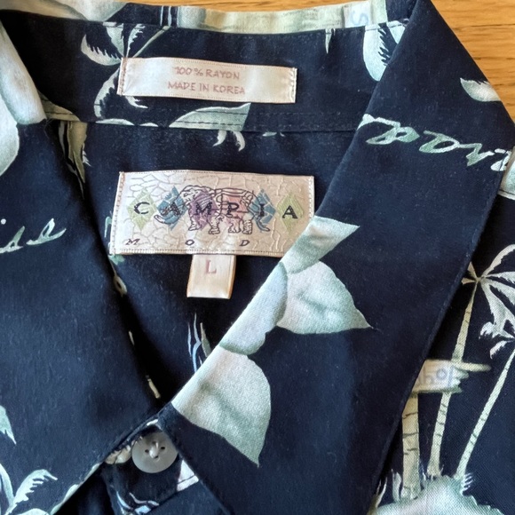 Vtg Campia Moda Hawaiian Camp Shirt Black Tropic Palm Trees Surfboard Tiki Hut L - Picture 5 of 6